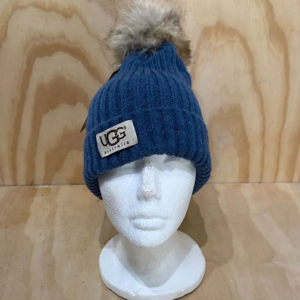 UGG Light Blue Knit Hat with Faux Fur Pom
